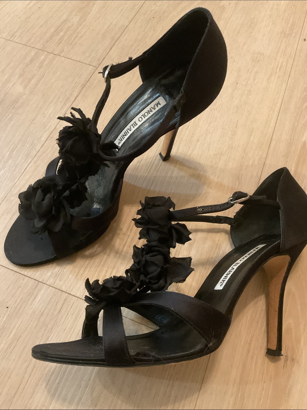 Manolo Blahnik Black Satin Ankle-Strap Heels with Floral Detail